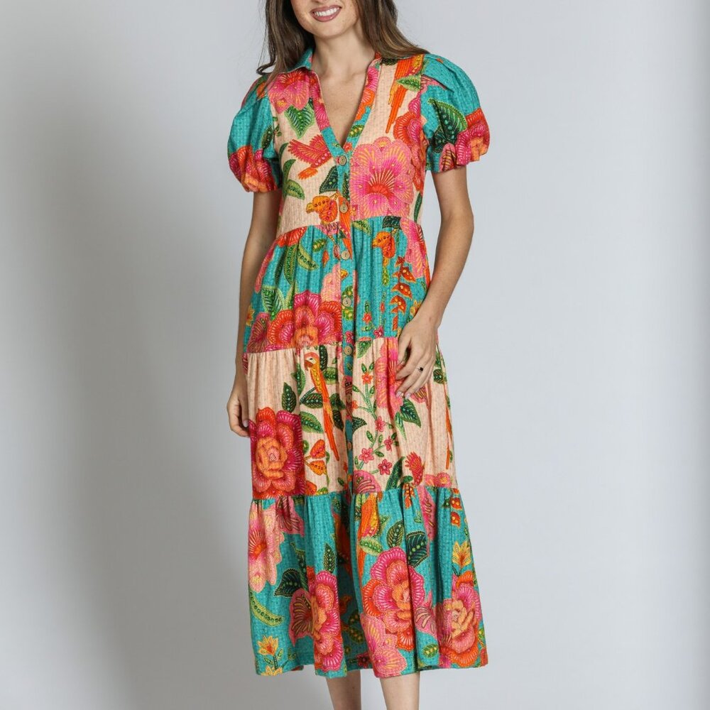 NWT APNY Mixed Print Long Tiered Dress - Turquoise Multi